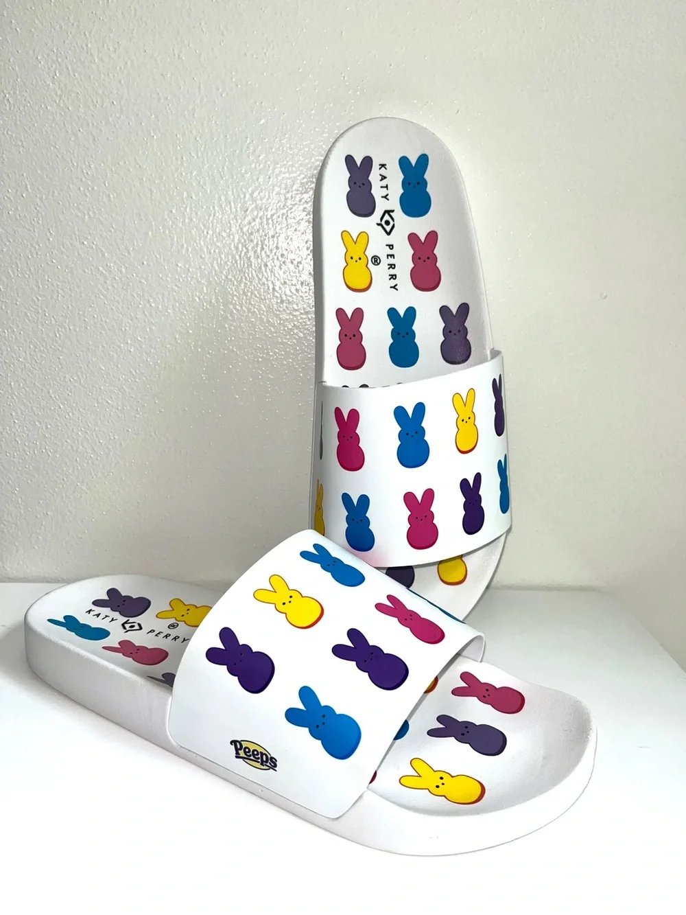 Katy Perry Collections X Peeps Bunny Slides Sandals Round Toe Wht/Mul EUC SZ 11